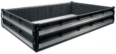 The image shows a rectangular, black plastic box with vertical grooves on the walls. It has an open bottom and is sturdy, ideal for transporting or storing items.
