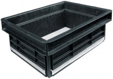The image shows a black, rectangular plastic box with a ribbed bottom and open sides. The box appears sturdy and versatile, ideal for transport or storage.