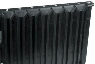 The image displays a black plastic container with rectangular, raised edges arranged vertically. At the top, there are numbered markings from 12 to 30.