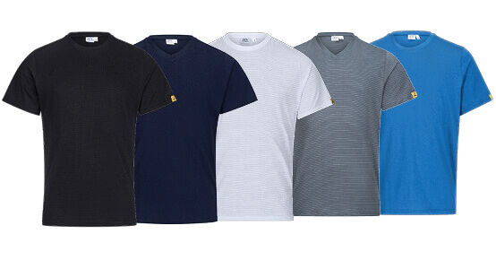 The image shows a short-sleeved, gray T-shirt with a V-neck and fine, horizontal stripes. There is a small, yellow logo on one sleeve.