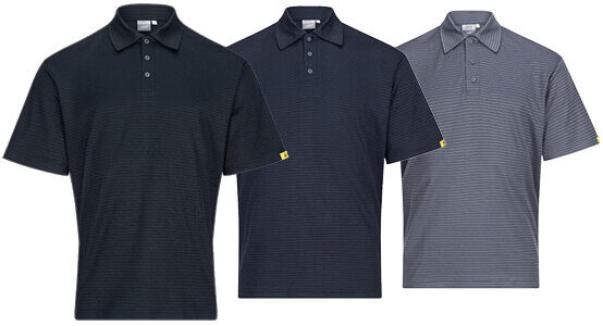 Das Bild zeigt ein kurzärmliges Poloshirt in dunkelblauer Farbe mit feinen, horizontalen Streifen. Es hat einen Kragen und drei Knöpfe auf der Vorderseite. Die Passform wirkt sportlich.