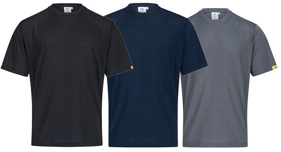 The image shows a gray short-sleeved T-shirt. It has a simple, smooth surface and a small yellow label patch on the left side.