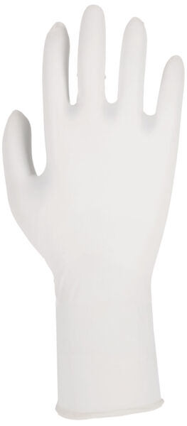 Das Bild zeigt einen weißen, latexähnlichen Handschuh, der flach ausgelegt ist. Er hat fünf Finger und eine gerade Manschette am Handgelenk. Die Oberfläche wirkt glatt und glänzend.