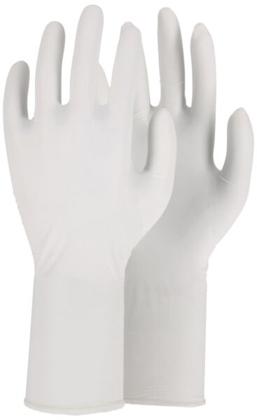 Das Bild zeigt ein Paar weiße, langärmlige Handschuhe. Sie sind aus einem glatten, elastischen Material und sehen hygienisch und funktional aus, ideal für medizinische oder Reinigungszwecke.