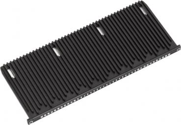 The image shows a rectangular object with many uniform, vertical grooves. It is black and has small metal parts on one side. It could be a component or a bracket.