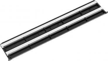 The image displays an elongated, narrow component with two parallel, metallic strips and a black plastic frame. It appears to be a bracket or a mounting rail.