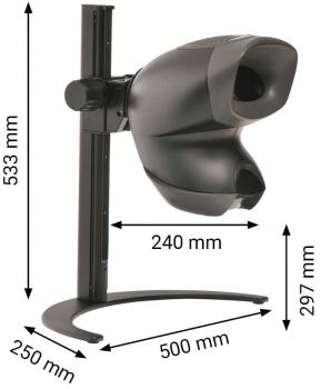 The image shows a device with a large, oval opening at the front, mounted on a sturdy, black base. It has dimensions in millimeters: 533 height, 500 width, 297 depth, and 240 depth.