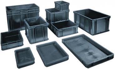 The image shows a rectangular, black plastic container. It has four walls and an open interior. There are small holes on the sides, likely for attachments.