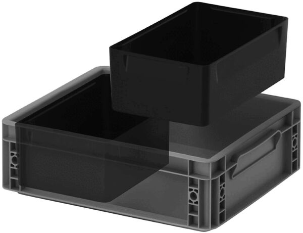 The image shows a flat, rectangular tray made of black plastic. It has slightly rounded corners and is slightly elevated at the sides. The inner surface is smooth and provides storage space.