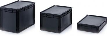 The image shows a black, square plastic box. It has a flat lid, two clasps on the front, and textured sides for stability.