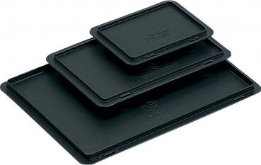 This is a rectangular storage box with a gray body and a black lid. The box has handles and is made of plastic. It appears sturdy and functional.