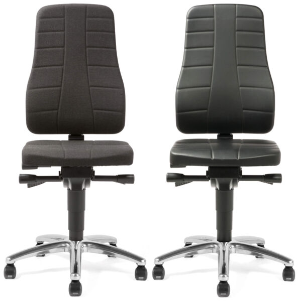 The image shows an office chair with a black, padded seat and a high backrest. The chair has a chrome base with five casters for mobility.