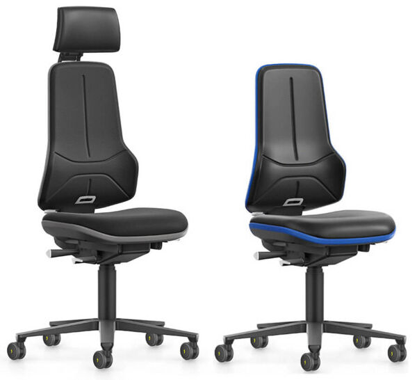 The chair has an ergonomic shape with a high backrest and a wide seat. It is black with blue accents and on casters. Load capacity up to 180 kg.