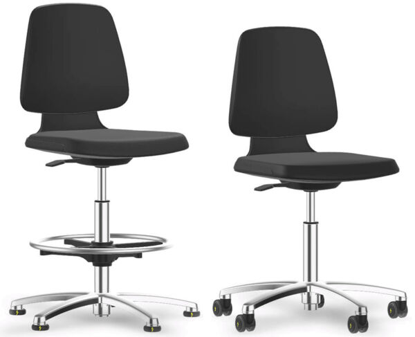 The chair has a black, ergonomic seat with a curved backrest. It stands on a sturdy, chrome-plated base with casters for easy mobility.