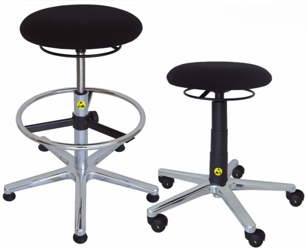 The image shows a swivel stool with a round, padded seat in black. The seat height is adjustable, and the stool has five casters and a sturdy, chrome-plated base.