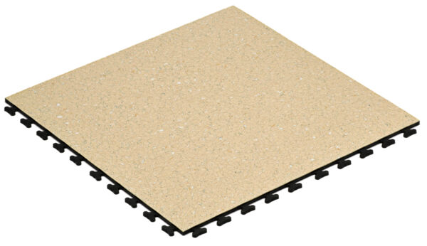 The image displays a rectangular floor panel in shades of gray. The surface is slightly textured and contains small, light inclusions. Along one edge, there is a black transition.