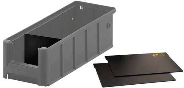 The image shows a rectangular, gray plastic container. It has an open top, a smooth interior, and a black insert. The dimensions are 142 mm long and 79 mm high.