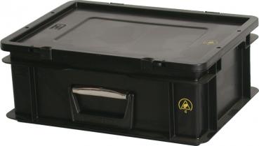 Das Bild zeigt eine rechteckige, schwarze Kunststoffbox ohne Deckel. Sie hat eine flache Oberseite, zwei seitliche Griffe und eine robuste, stabile Struktur.