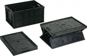 The image shows three black plastic crates. One crate is open, while the other two are tilted and either folded or unfolded. All are rectangular with ventilation holes.