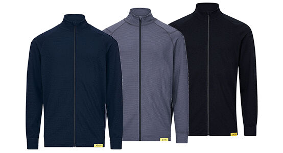 The image shows a dark blue jacket with a stand-up collar and a full-length zipper. It has long sleeves and a small yellow brand patch at the bottom edge.