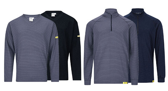 The image shows a long-sleeved, navy blue top with a stand-up collar and a short zipper in the center. It has a plain, sporty cut.