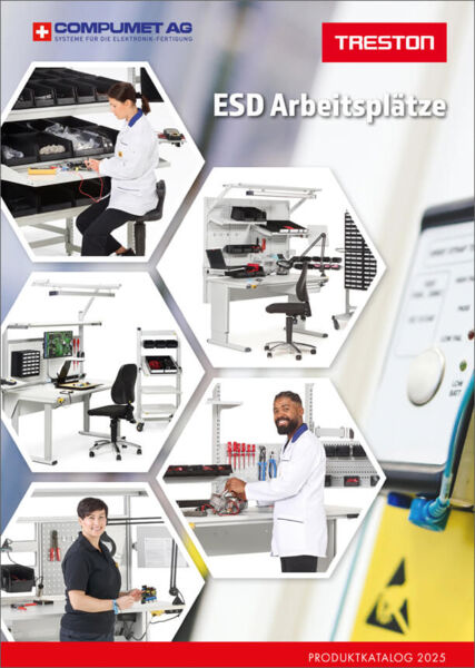 Bild zeigt mehrere Menschen in Arbeitskleidung an ESD-Arbeitsplätzen. Sie halten Werkzeuge oder Geräte. Im Hintergrund erkennt man Regale mit Werkzeug. Oben steht 