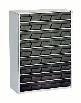 Das Bild zeigt einen Aufbewahrungsschrank mit 20 kleinen Schubladen. Der Schrank hat eine helle, gemusterte Oberfläche und die Schubladen sind dunkler, vermutlich schwarz oder dunkelgrau.