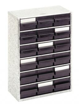 Das Bild zeigt einen Aufbewahrungsschrank mit 20 kleinen Schubladen. Der Schrank hat eine helle, gemusterte Oberfläche und die Schubladen sind dunkler, vermutlich schwarz oder dunkelgrau.
