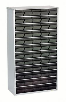 Das Bild zeigt einen vertikalen Schrank mit 20 kleinen, schwarzen Schubladen. Der Schrank hat eine weiße Struktur und eine glatte Oberfläche. Ideal für die Aufbewahrung kleiner Gegenstände.