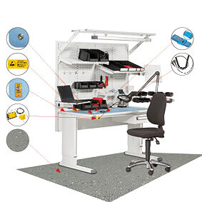 The image shows two material samples. Above, a gray, smooth sheet with a small hole. Below, a gray, textured plate with small black and white dots.