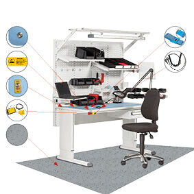 The image shows two material samples. Above, a gray, smooth sheet with a small hole. Below, a gray, textured plate with small black and white dots.