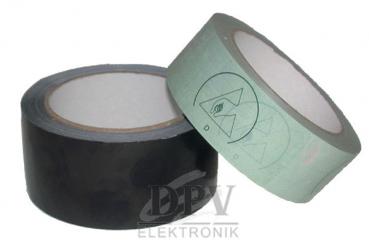 Das Bild zeigt zwei Rollen Klebeband. Eine Rolle ist schwarz, die andere hellgrün. Beide haben einen leeren inneren Kern und liegen nebeneinander.