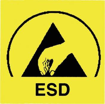 Das Bild zeigt ein gelbes Quadrat mit einem schwarzen, gleichseitigen Dreieck. Darin ist eine stilisierte Hand abgebildet, die nach unten zeigt. Darunter steht ?ESD?.
