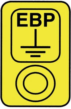 The image displays a yellow sign with black symbols. At the top, it reads 