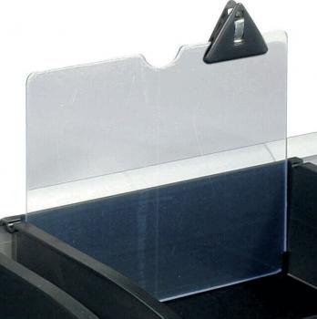 The image shows a transparent plastic divider attached to a black holder. It has a notch at the top and is used for organizing or marking areas.