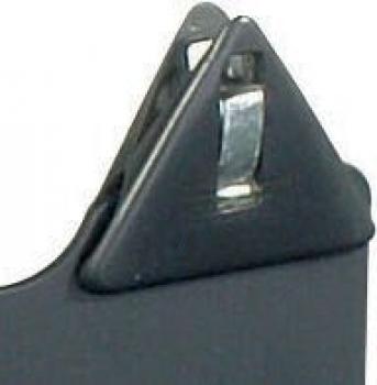 The image shows the tip of a black stapler. The shape is triangular, with a silver metal mechanism in the middle that allows for stapling.