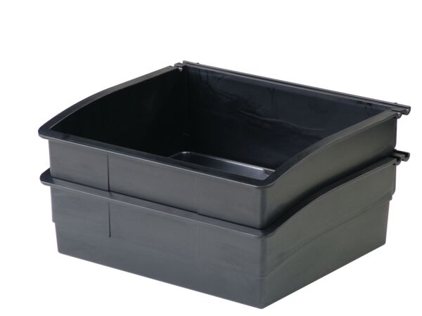It is a black, rectangular plastic box without a lid. It has a high, curved front and flat sides, ideal for storage or transport.