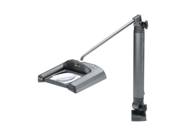 The image shows a desk magnifier with a flexible arm. The magnifier features a large, clear lens in the center and is mounted on a stable base, ideal for close-up work.