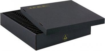 The image displays two black cardboard containers. On top is an open, upright model with vertical compartments; below is a flat container with numerous horizontal compartments.