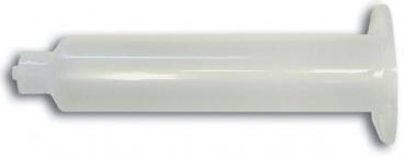 The image shows an elongated, cylindrical object made of white plastic. It has a larger flat surface at one end and a smaller, round outlet at the other end.