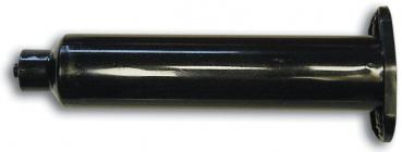 Das Bild zeigt einen langen, zylindrischen schwarzen Gegenstand mit einer flachen Basis und einem kleinen Anschluss am Ende. Er hat eine glatte Oberfläche und scheint metallisch zu sein.