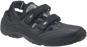 The image shows a black shoe with a sporty design. It has two wide Velcro straps and a padded entry. The sole is sturdy and slip-resistant. Ideal for activities.