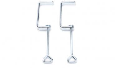 The image displays two silver metal clips. Each has a C-shape with a long, straight shaft and a small, triangular end. They are arranged next to each other.