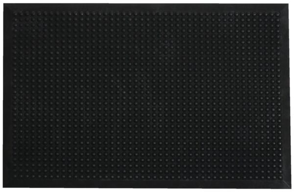 Das Bild zeigt eine große, schwarze Matte mit vielen kleinen Erhebungen in gleichmäßigem Muster. Daneben ist eine kleine runde Matte und ein dreieckiges Element zu sehen, ebenfalls in Schwarz.