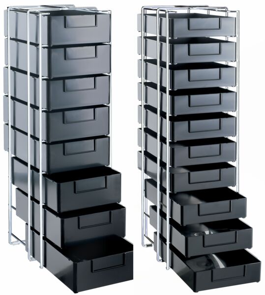 The image shows a narrow, tall rolling cabinet made of metal with several black drawers. The drawers are evenly arranged and have a smooth surface.
