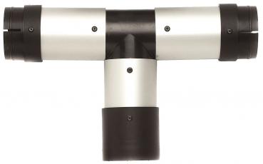 The image displays a T-shaped object in silver and black, with three round, solid sections. It has screws visible on the surface. The structure appears sturdy.