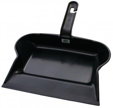 The image shows a black dustpan. It has a wide, flat pan with rounded corners and a long handle that features a hook for hanging.