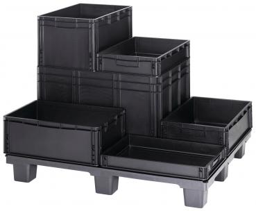 The image shows a rectangular, black plastic box without a lid. It has two side handles and appears sturdy. The walls are smooth and the corners are slightly rounded.