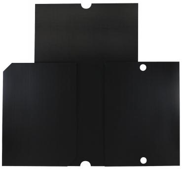 Das Bild zeigt ein schwarzes, glattes Blatt mit einer leicht strukturierten Oberfläche. Unten ist ein grüner Rahmen mit einem Muster und einer Art Streifen zu sehen.