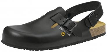 The image shows a white clog shoe. It has a closed front, a non-slip rubber sole, and a heel with a strap. The shoe appears comfortable and practical.